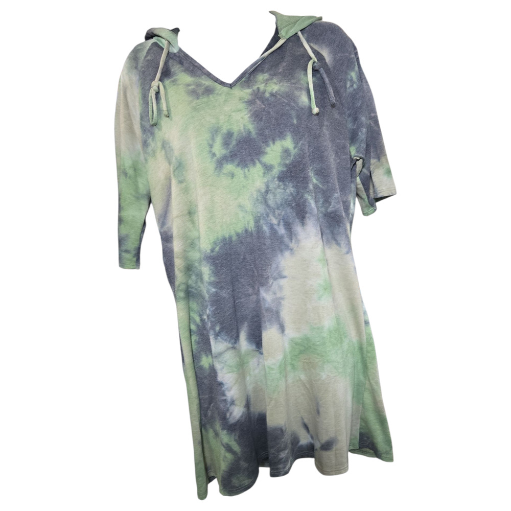 Pie in the Sky Women 1X Short Sleeve Hooded Top Blue Green Tie Dye Forest Fairy